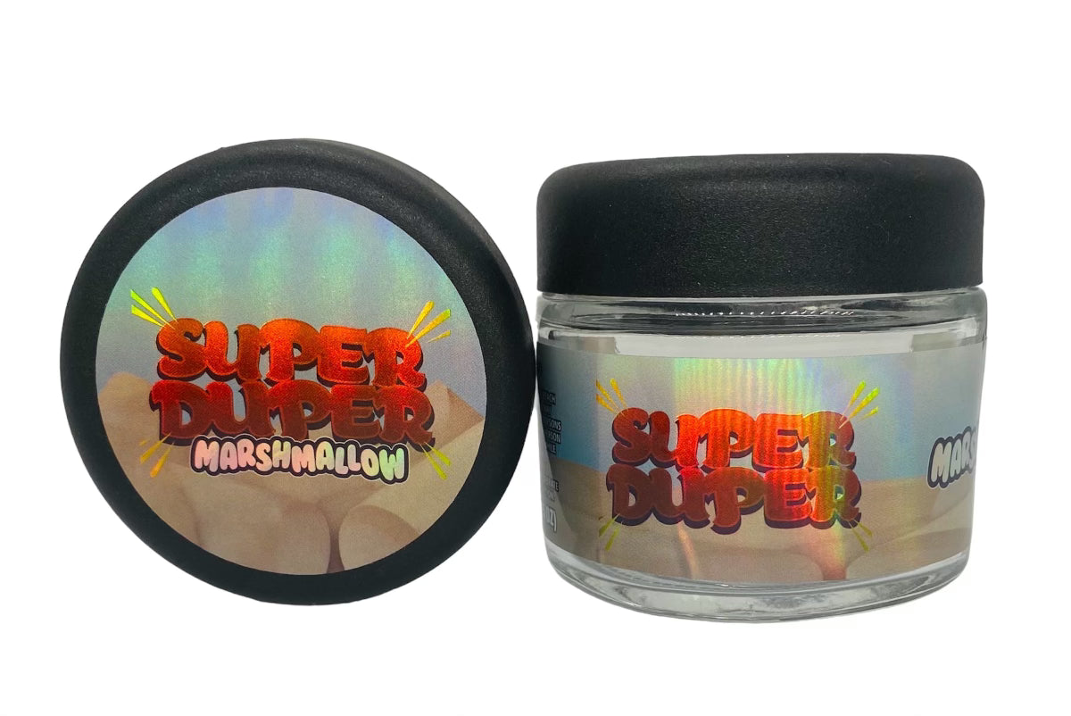 Super Duper Marshmallow 3.5g Glass Jars with Sticker labels Child Resistant jar