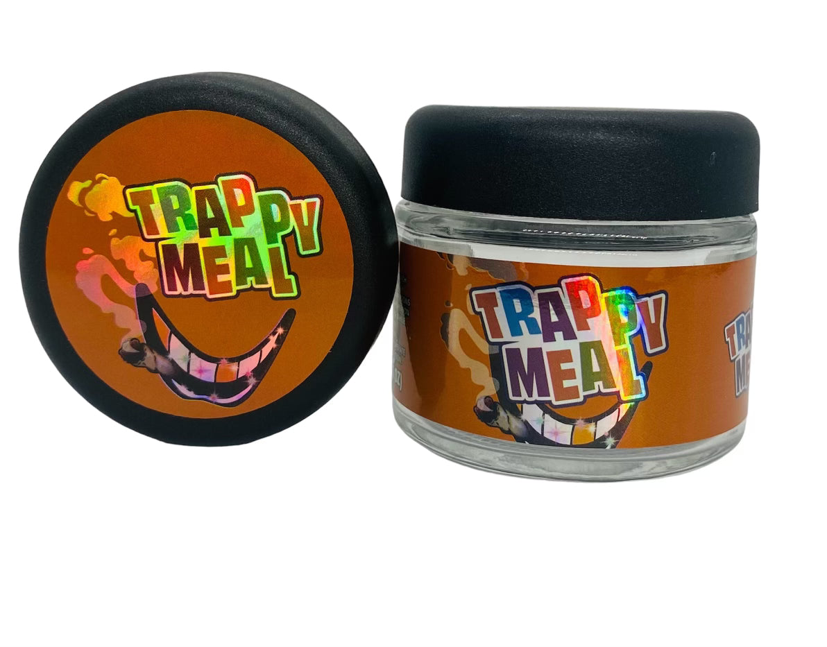 Trappy Meal 3.5g Glass Jars with Holographic Sticker labels Child Resistant jar
