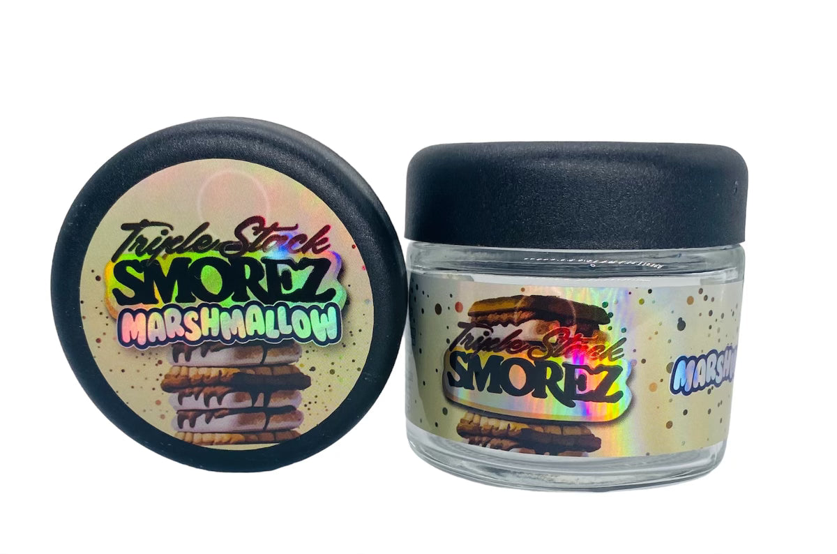 Triple Stack Smorz Marshmallow 3.5g Glass Jars with Holographic Sticker labels Child Resistant jar