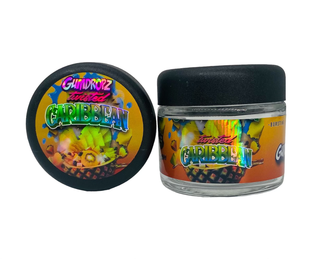 Twisted Caribbean 3.5g Glass Jars with Holographic Sticker labels Child Resistant jar