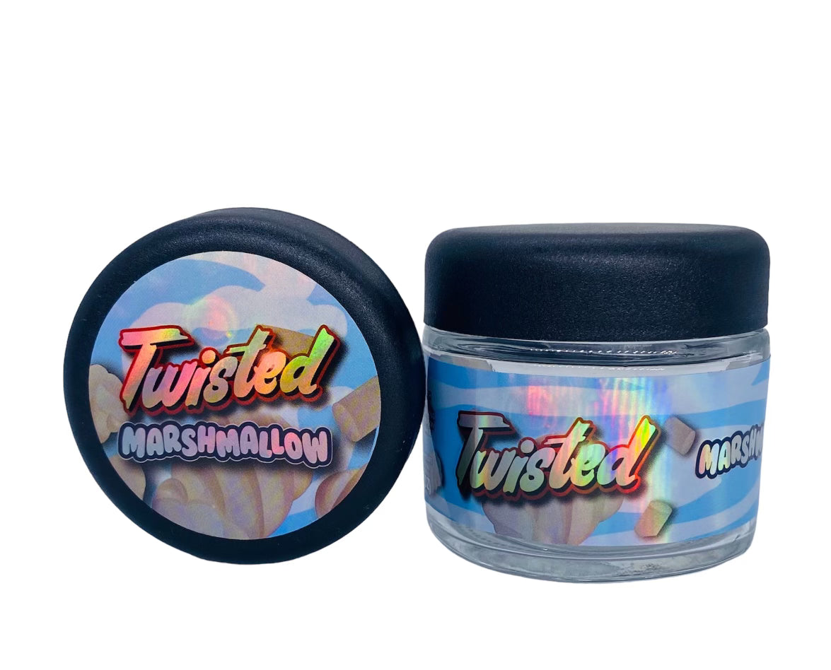 Twisted Marshmallow 3.5g Glass Jars with Holographic Sticker labels Child Resistant jar