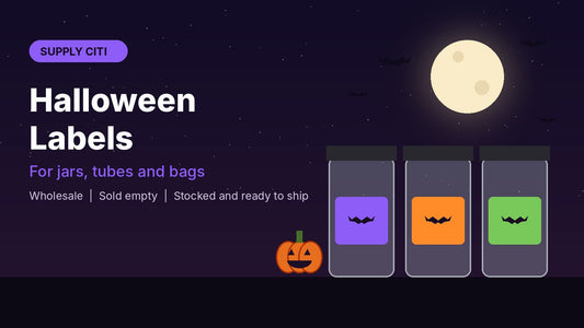 Halloween labels on glass jars with bat designs under a full moon