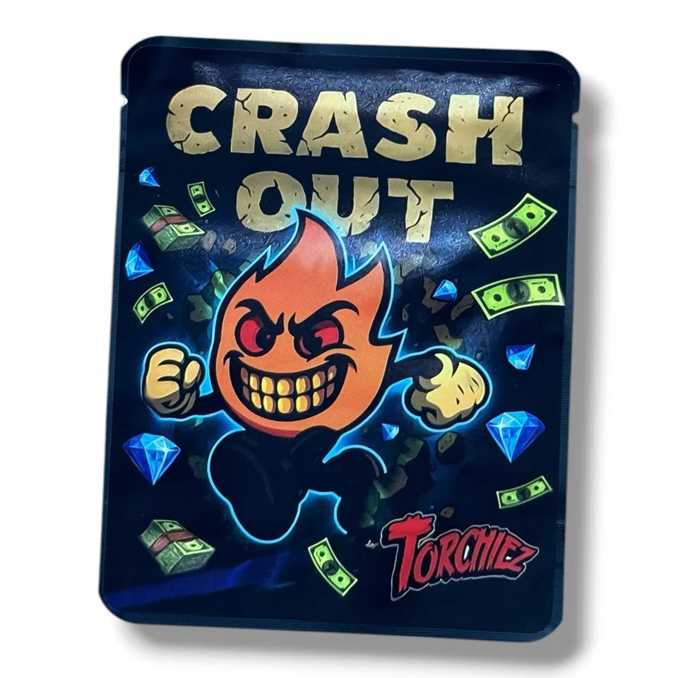 CRASH OUT TORCHIEZ 3.5G MYLAR  BAGS -WITH STICKERS AND LABEL