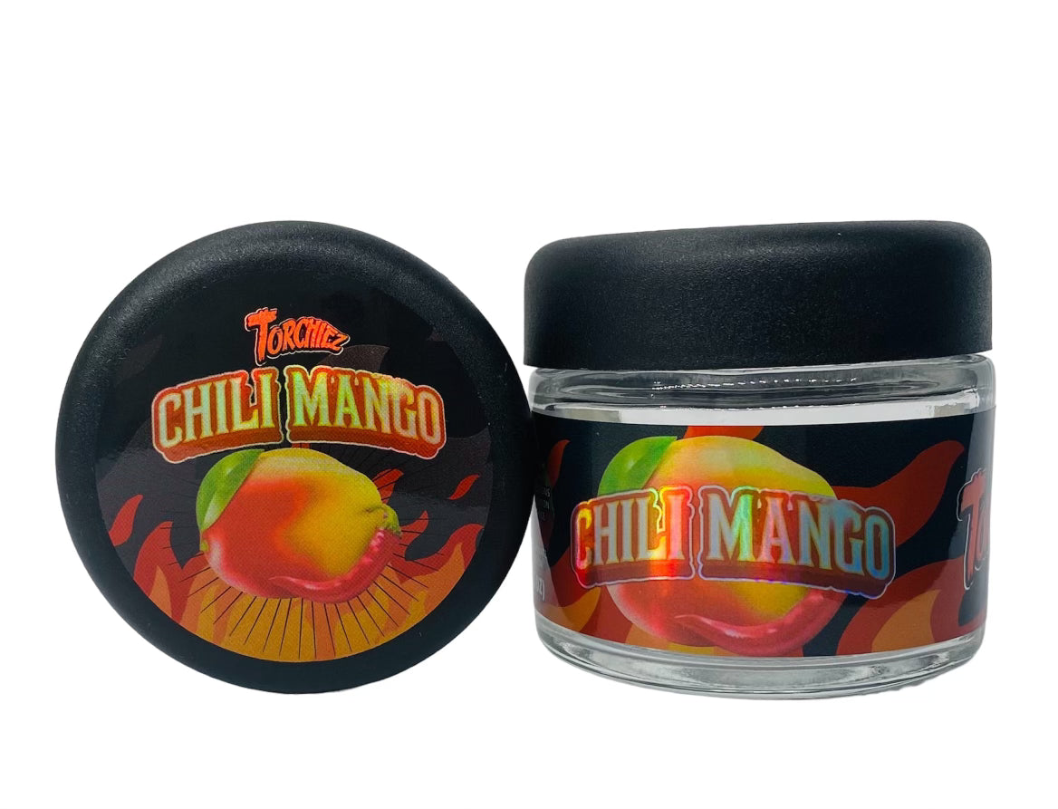 Chille Mango 3.5g Glass Jars with Holographic Sticker labels Child Resistant jar 