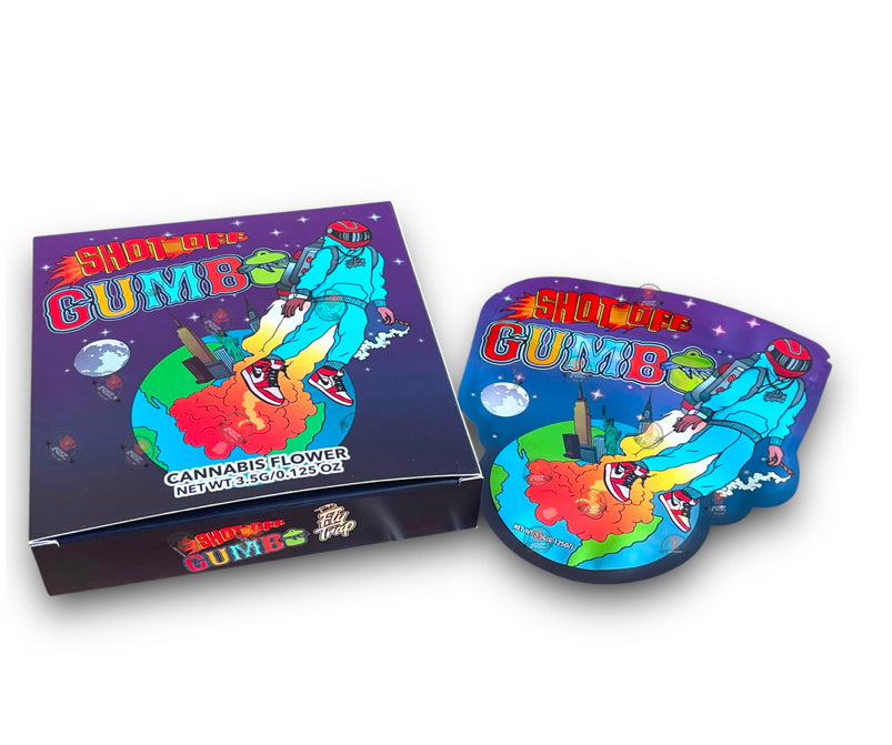 Gumbo Shot OFF Mylar Bags with Boxes 3.5g Box Packaging Holographic boxes and bags