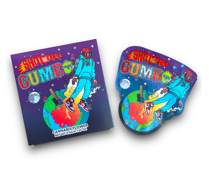 Gumbo Shot OFF Mylar Bags with Boxes 3.5g Box Packaging Holographic boxes and bags