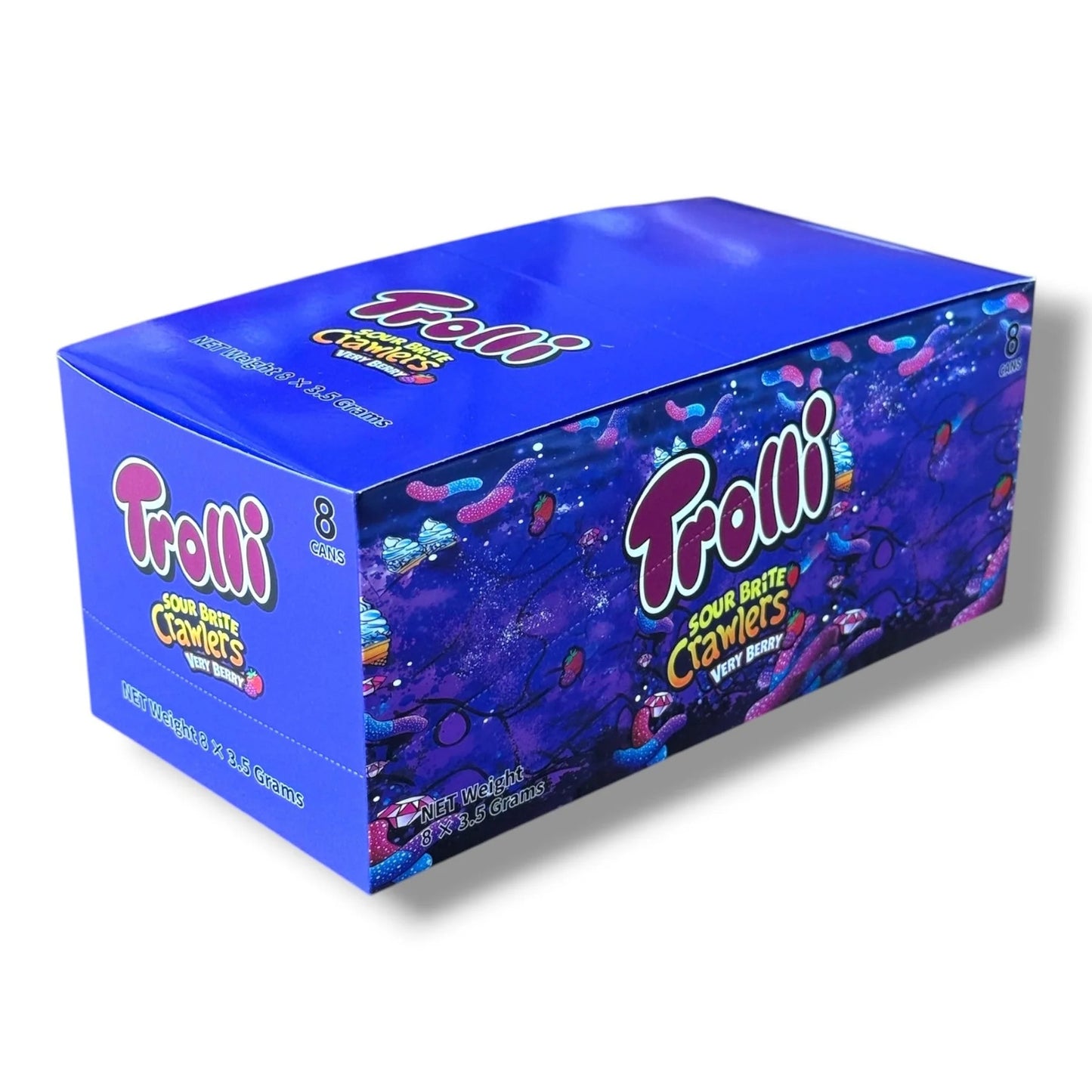 TROLLI SOUR BRITE CRAWLERS VERY BERRY 3.5G CANS.  8 CANS IN A BOX