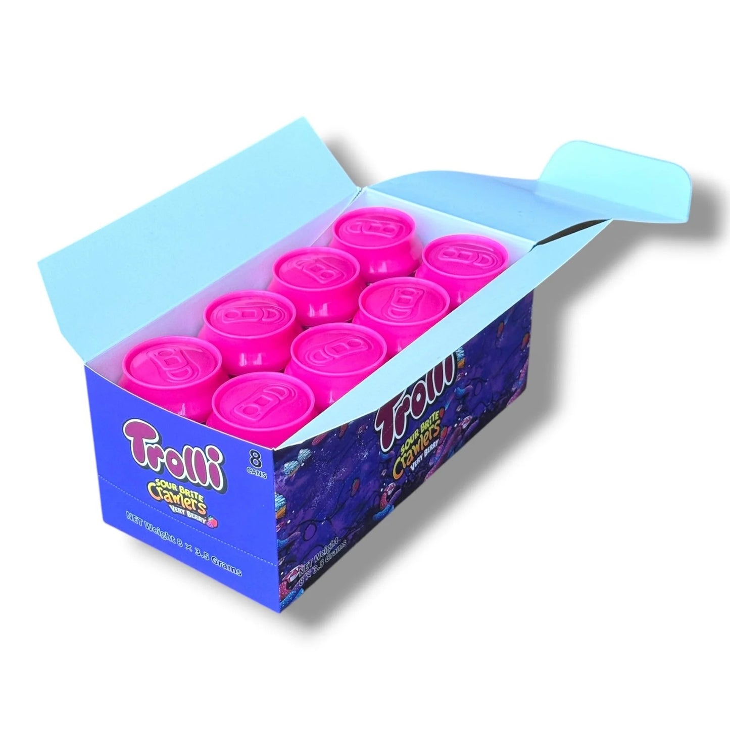 TROLLI SOUR BRITE CRAWLERS VERY BERRY 3.5G CANS.  8 CANS IN A BOX