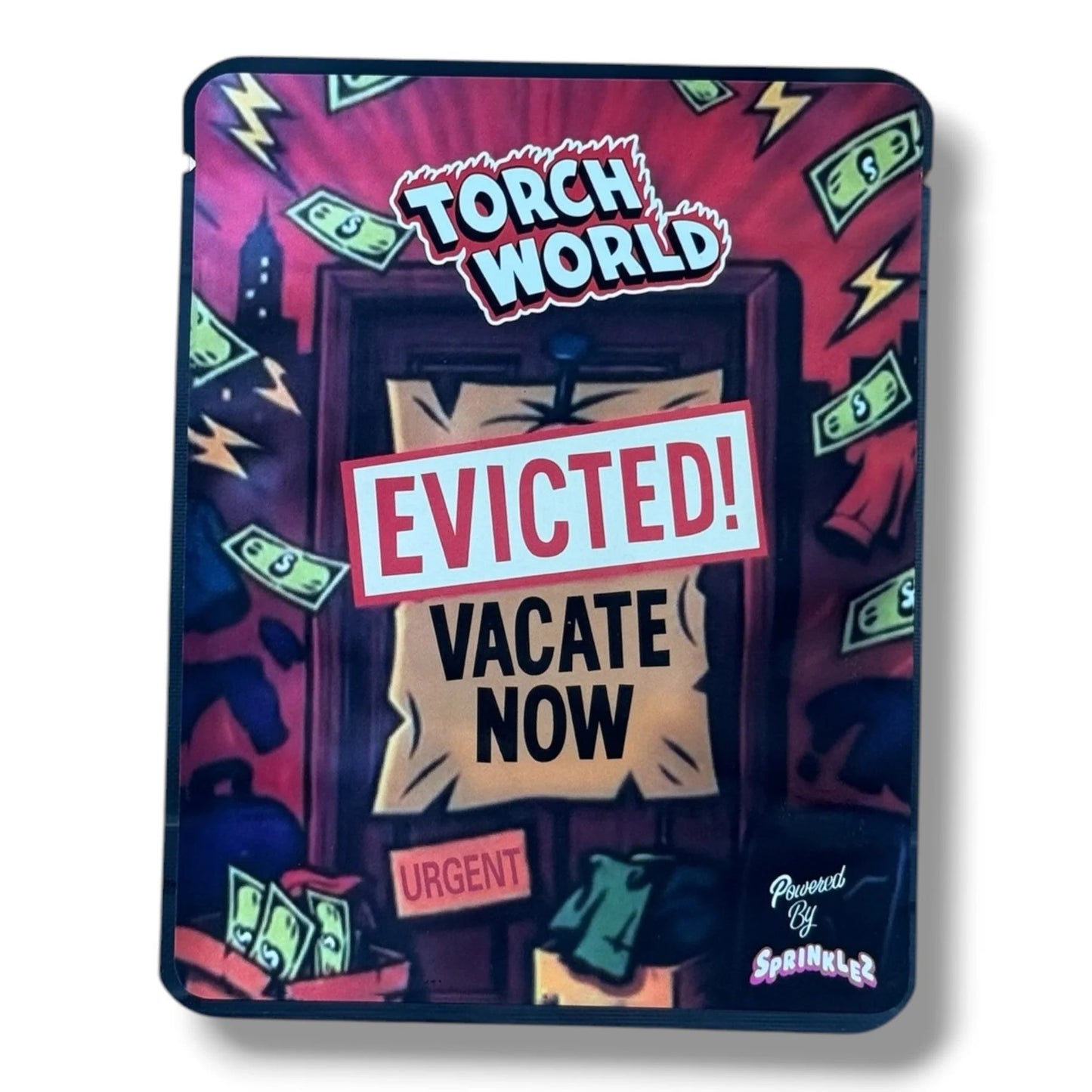TORCH WORLD EVICTED 3.5G MYLAR  BAGS -WITH STICKERS AND LABEL