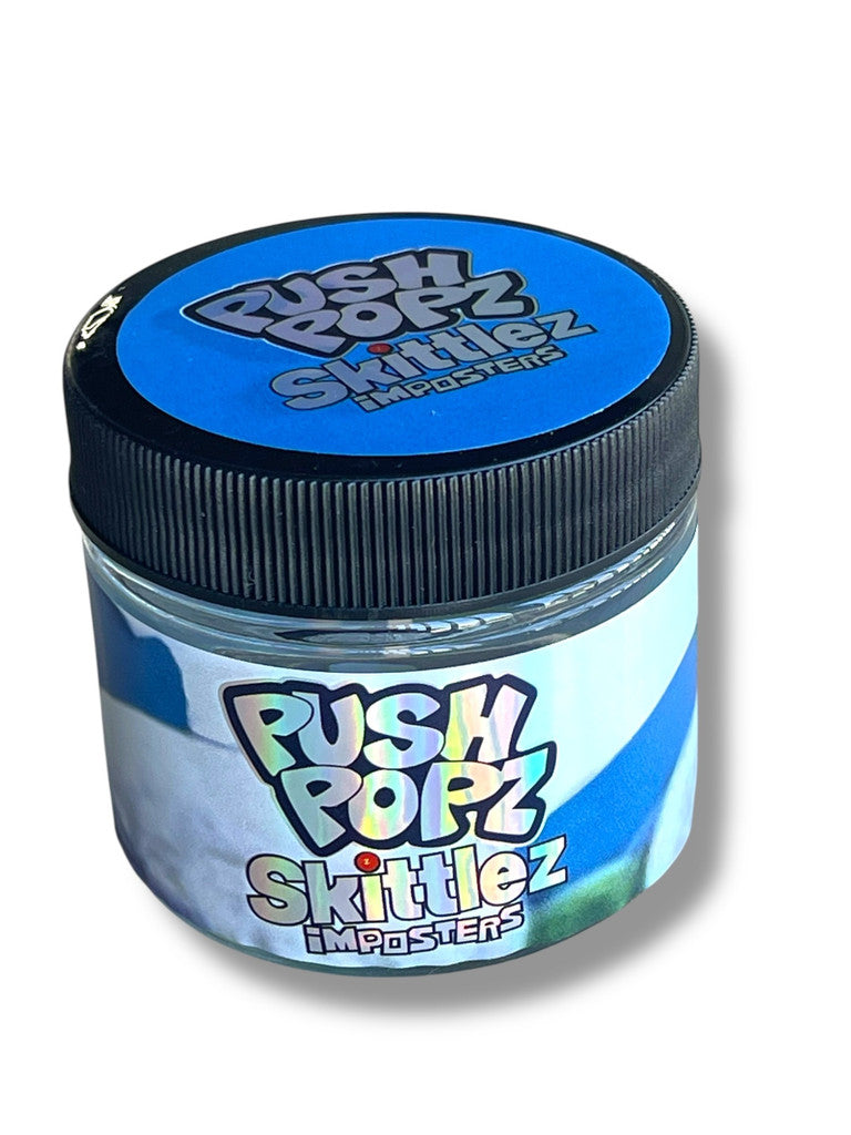 Push Pop Skittlez Imposter 3.5g Glass Jars with Holographic Stickers Child Resistant jar