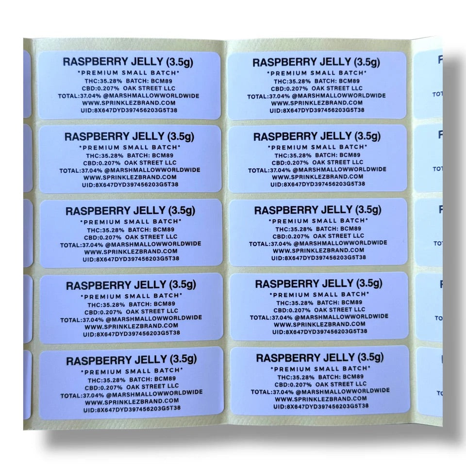 Raspberry Jelly Marshmallow Mylar  Bags 3.5G -With stickers and labels