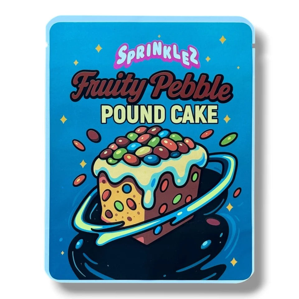 SPRINKLEZ FRUITY P POUND CAKE 3.5G MYLAR STICKER BAGS -WITH STICKERS AND LABEL
