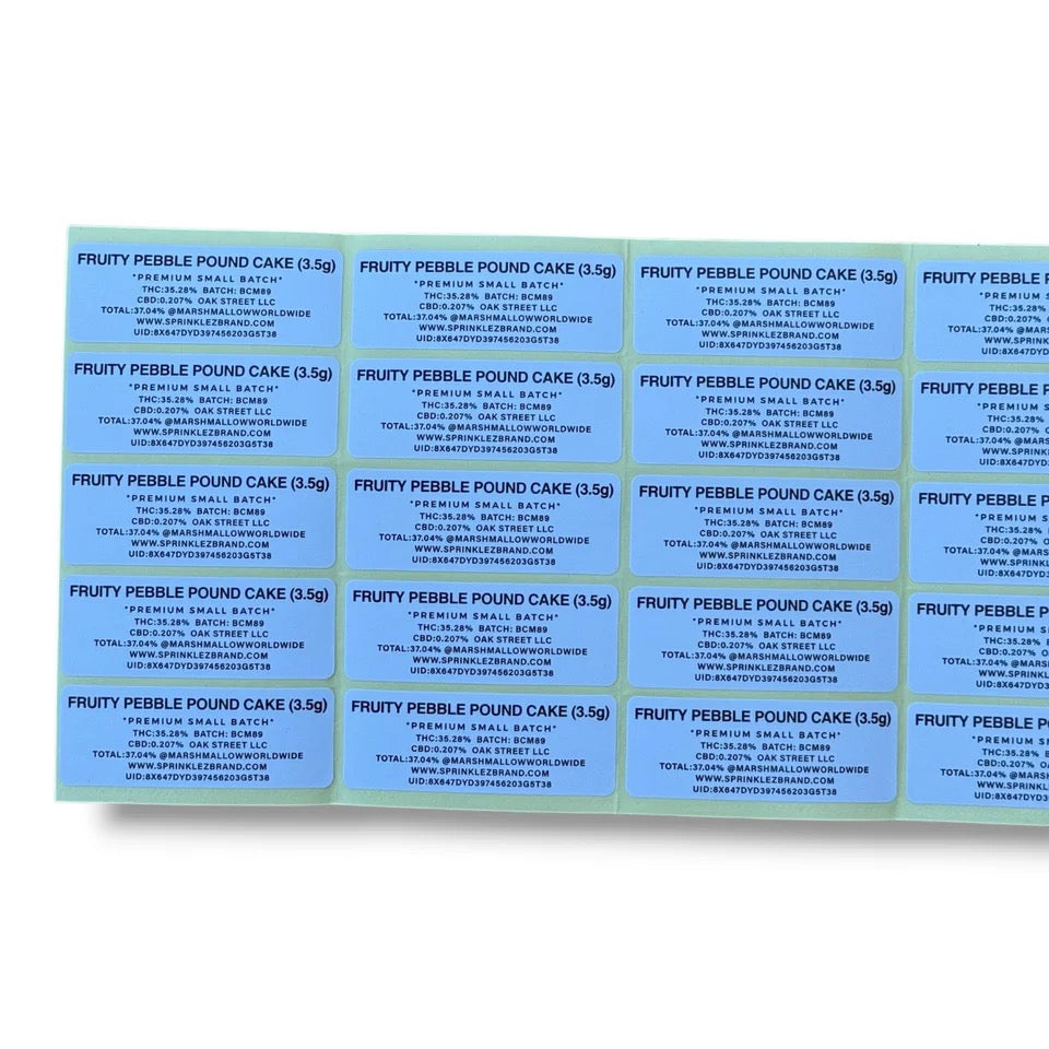 SPRINKLEZ FRUITY P POUND CAKE 3.5G MYLAR STICKER BAGS WITH STICKERS AND LABEL