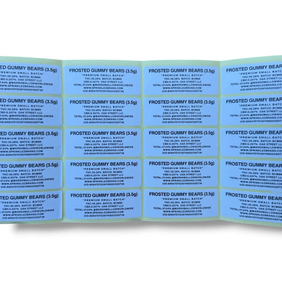 SPRINKLEZ ZERO FROSTED GUMMY BEARS 3.5G MYLAR STICKER BAGS WITH STICKERS AND LABEL