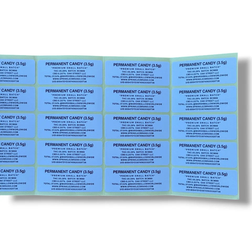 SPRINKLEZ ZERO PERMANENT CANDY 3.5G MYLAR STICKER BAGS WITH STICKERS AND LABEL