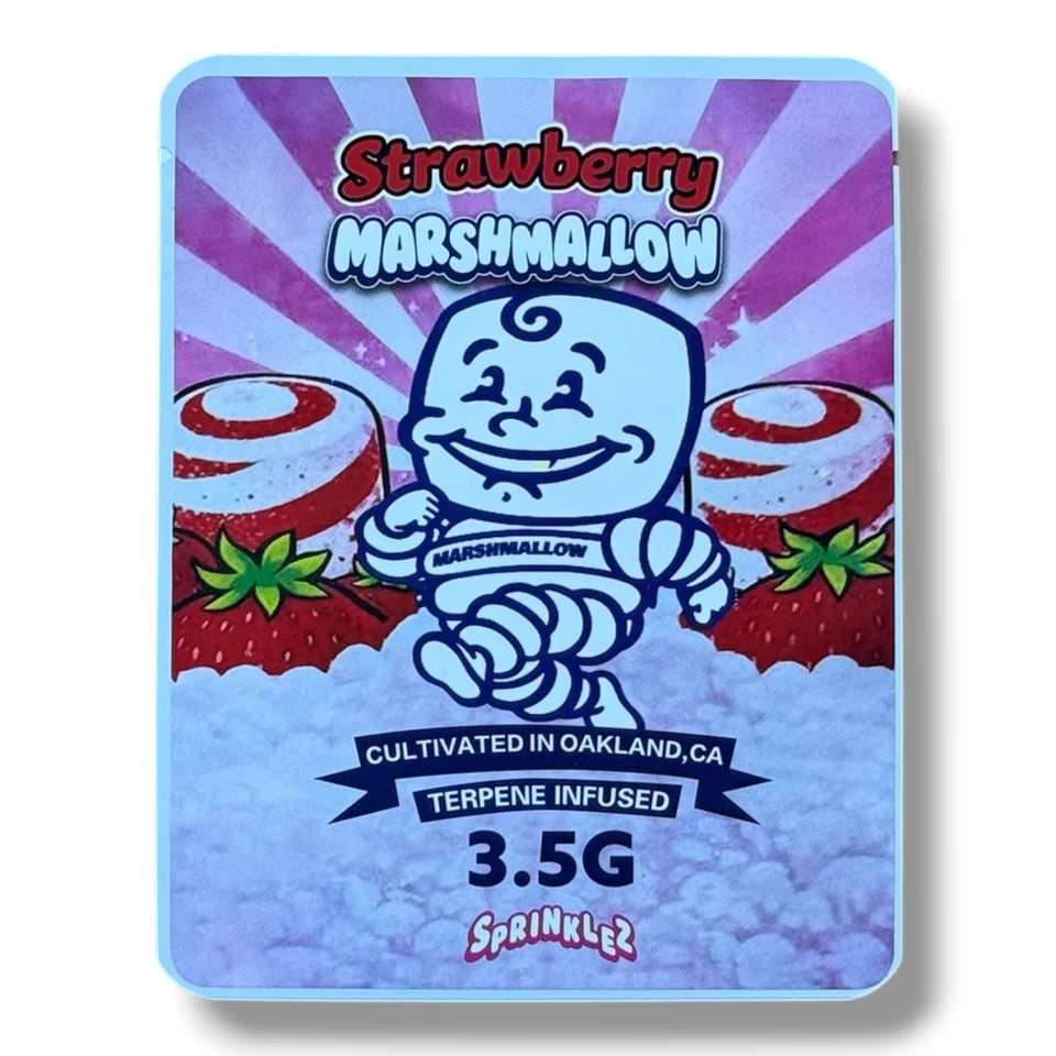 STRAWBERRY MARSHMALLOW 3.5G MYLAR STICKER BAGS -WITH STICKERS AND LABEL