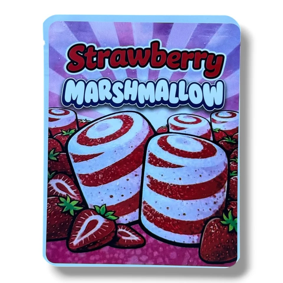 STRAWBERRY MARSHMALLOW 3.5G MYLAR STICKER BAGS WITH STICKERS AND LABEL