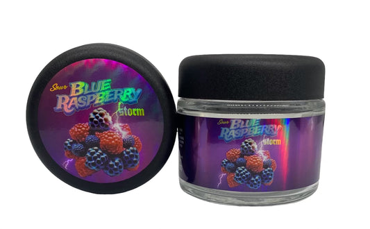 Sour Blue Raspberry Storm 3.5g Glass Jars with Holographic Sticker labels Child Resistant jar 