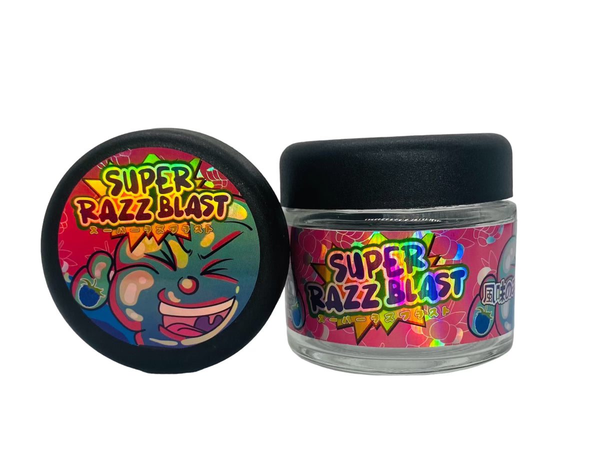 Super Razz Blast 3.5g Glass Jars with Holographic Sticker labels Child Resistant jar 