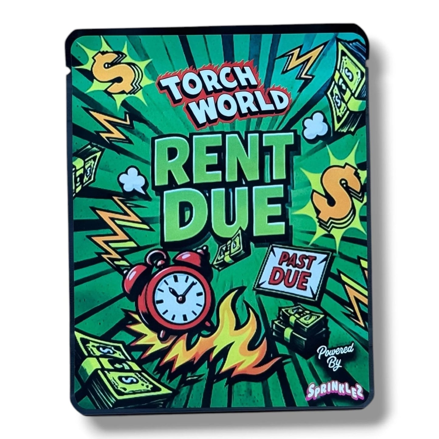 TORCH WORLD RENT DUE 3.5G MYLAR  BAGS -WITH STICKERS AND LABEL