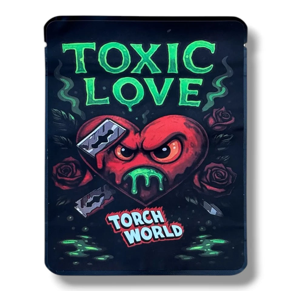 TORCH WORLD TOXIC LOVE 3.5G MYLAR STICKER BAGS -WITH STICKERS AND LABEL