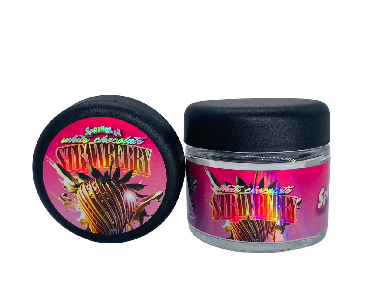 White Chocolate Strawberry Sprinkelz 3.5g Glass Jars with Sticker labels Child Resistant jar 