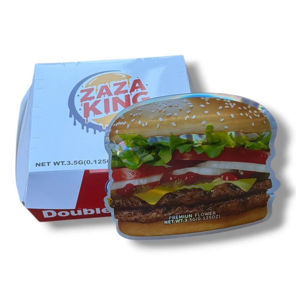 ZAZA KING DOUBLE ZOOPER MYLAR BAGS WITH BOXES 3.5G BOX PACKAGING BURGER BOX